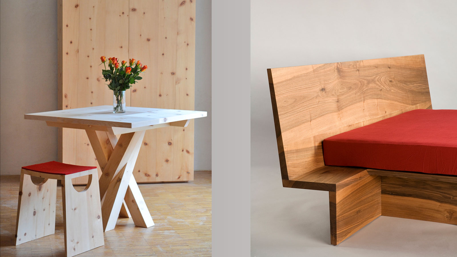 Table, stool and bed in Engadine pine wood by David Rohrbach, Zernez Switzerland