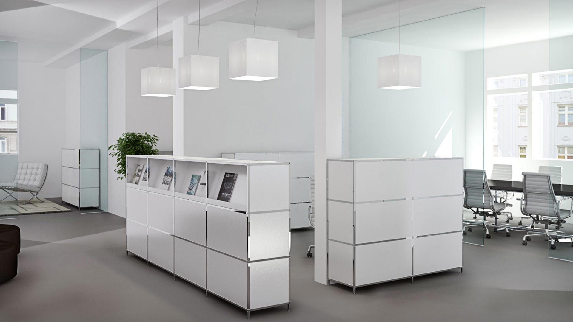 Modular furniture system minicubo for offices, meeting rooms and counters. Swiss Made.